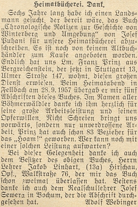 Tady vyslovuje Adolf Webinger obzvláštní dík dárci pěti opisů Puhaniho knihy "Chronologische Notizen" do krajanské knihovny