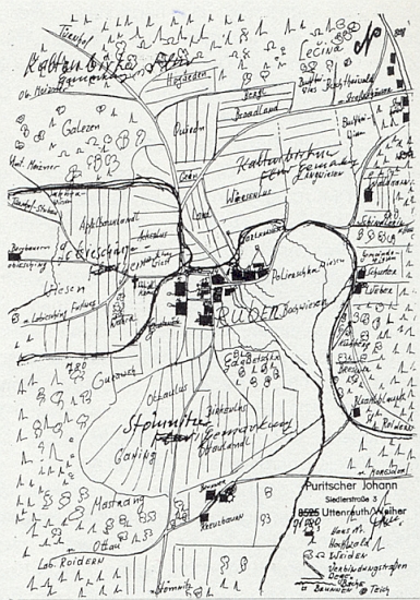 Vlastní jeho rukou pořízený náčrt okolí rodné vsi i s pomístními jmény polí a luk