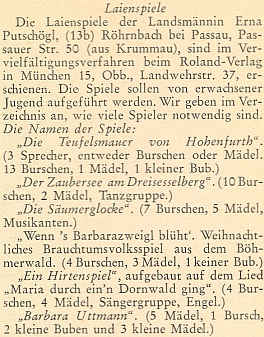 Seznam jejích lidových her, vydaných v Mnichově nakladatelstvím Roland-Verlag, je doplněn počty potřebných účinkujících při jejich provedení