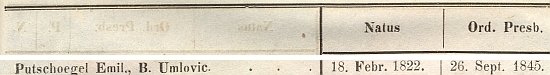 Záznam v Directoriu budějovické diecéze na rok 1865 uvádí místo (Bohemus Umlovicensis) a datum jeho narození, navíc pak i den, kdy byl vysvěcen na kněze