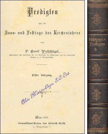 Titulní list prvního svazku jeho kázání a hřbet vazby jejich svazku čtvrtého