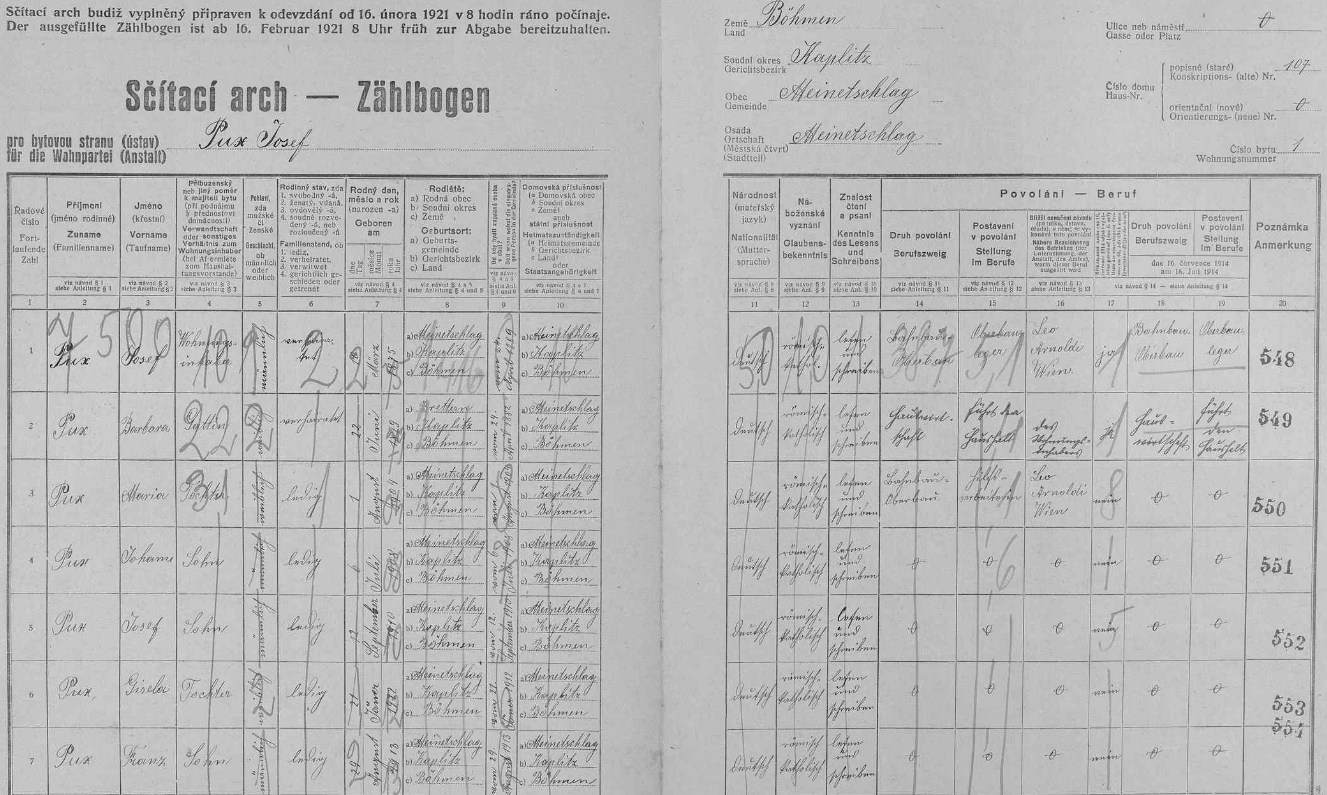 Arch sčítání lidu z roku 1921 pro dům čp. 107 v Malontech s rodinou Puxovou včetně něho