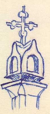 Boží muka při cestě z Kamenné směrem na Rychnov u Nových Hradů na snímku z roku 2009
  a v detailu na kresbě Karla Hlubučka z padesátých let dvacátého století