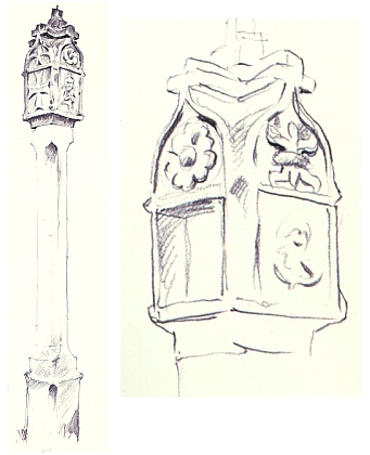 Boží muka směrem z Kamenné na Kondrač vcelku a s detailem
    "kaplice" na kresbě Bohuslava Coufala z roku 1952