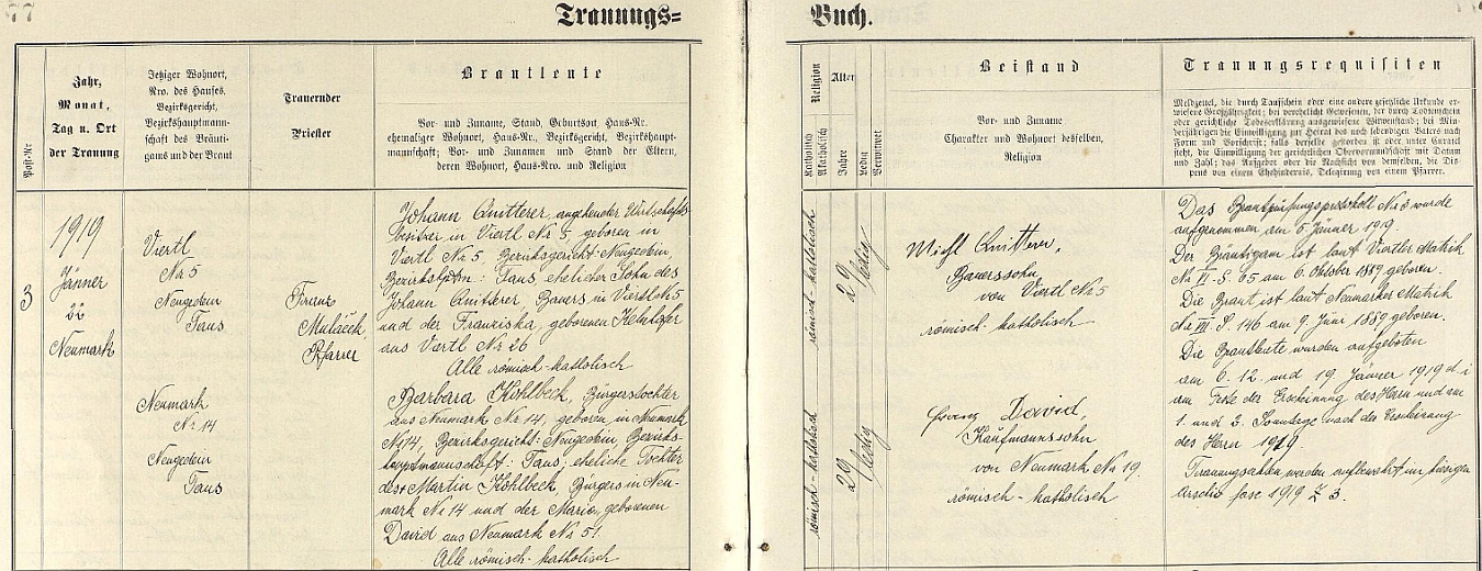 Podle záznamu všerubské oddací matriky si ve zdejším kostele sv. Michaela archanděla dne 22. ledna roku 1919 Johann Quitterer, "nadcházející majitel hospodářství" v Brůdku (zde "Viertl") čp. 5, dne 6. října 1889 narozený syn dosavadního vlastníka téže usedlosti Johanna Quitterera a Franzisky, roz. Kelnhoferové z Brůdku čp. 26, bere za ženu "měšťanskou dceru" ze Všerub Barbaru Kohlbeckovou, narozenou tu v domě čp. 14 9. června 1889 v rodině Martina Kohlbecka a Marie, roz. Davidové ze Všerub čp. 51 - svědky se stali selský syn z Brůdku čp. 5 Michl Quitterer a Franz David, syn obchodníka ze Všerub čp. 19