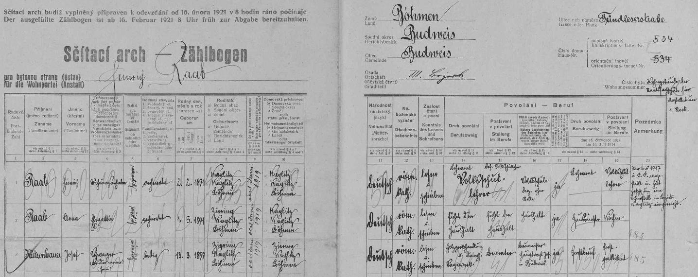 Vlastní rukou a výrazným písmem tady v českobudějovickém domě čp. 534 na Doudlebské (dnes Dukelské) ulici zaznamenal na archu sčítání lidu z roku 1921 data svá (poznamenává, že byl do roku 1917 ustanoven učitelem v Horním Rakousku, nyní že působí v okr. Kaplice), své ženy Anny, narozené 1. května 1891 v Čeříně (Ziering) - brali se 25. ledna 1917 v Rožmitále na Šumavě (alespoň podle rodového katastru tamní matriky, viz obrazová příloha k textové ukázce Gregora Kletzenbauera, kde je Raab označen jako učitel v Bad Ischlu, nyní v Nižších Hodonicích /Unterhodenitz/) - a švagra Josefa Kletzenbauera, narozeného 13. března 1897 v Čeříně jako jeho sestra Anna a označeného tu Raabovou rukou jako úředník při českobudějovickém obchodu se dřevem a parní pile stavitele Josefa Hauptvogla (ten žil v letech 1859-1945)