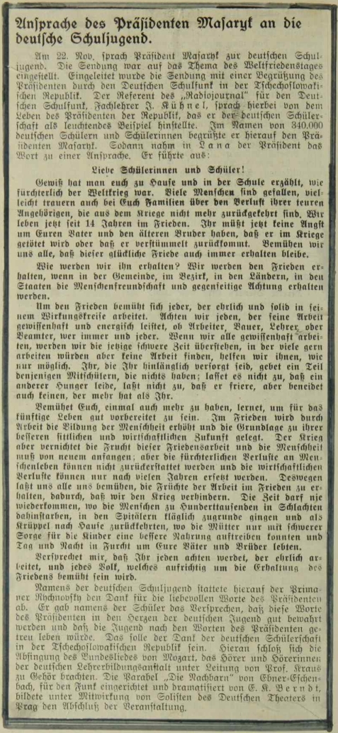 Otisk promluvy prezidenta Masaryka k německé školní mládeži, jak se zachoval
na výstřižku vlepeném do školní kroniky obce Pernek