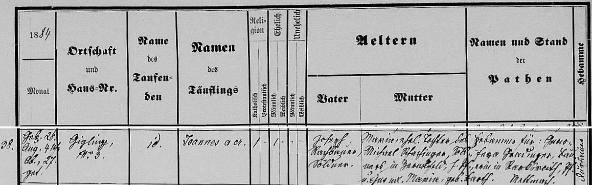 Záznam o jeho narození v křestní matrice farní obce Mehrnbach