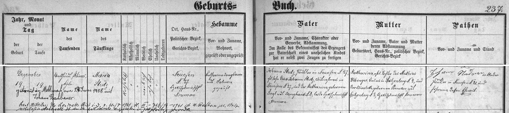 Záznam o narození manželčině v želnavské matrice s přípisy o svatbě a vystoupení z církve