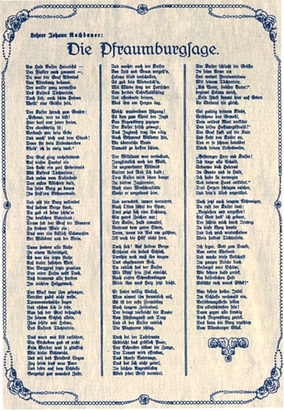 Dřevoryt Waltera Schneidera z Plané a Rachbauerova báseň v secesním rámu při svém prvém otištění