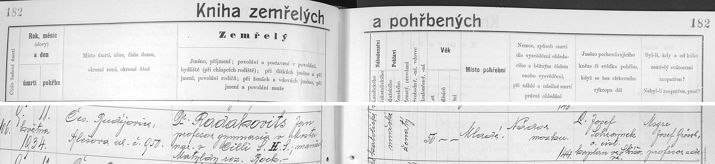 Záznam českobudějovické Knihy zemřelých a pohřbených o jeho úmrtí a pohřbu v Mladém