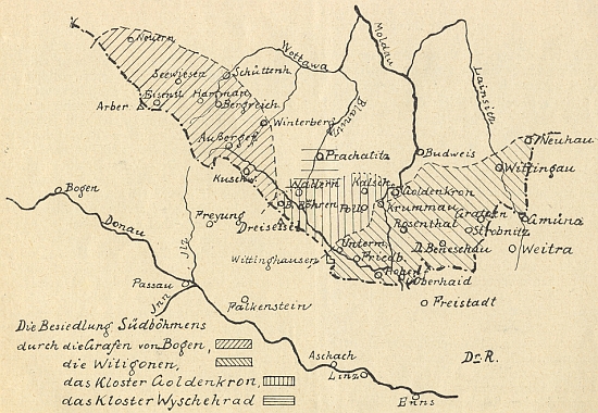 Dvě jím signované mapky, zachycující nejstarší šumavské dopravní stezky a spojnice a také osídlení jižních Čech hrabaty z Bogenu, Vítkovci, jakož i kláštery zlatokorunským (Goldenkron) a kapitulou vyšehradskou (Kollegiatstift /Kloster/Wyschehrad)