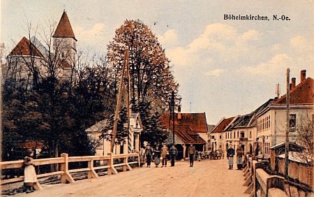 Obec Böheimkirchenu Sankt Pölten, kde žil a provozoval živnost před odchodem do Čech, na staré pohlednici