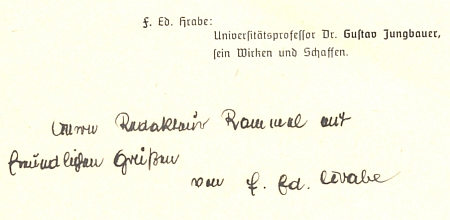 Tady mu Franz Eduard Hrabe věnuje svou práci o Dr. Gustavu Jungbauerovi