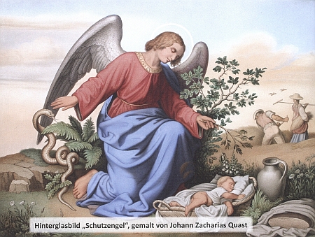 Tato Quastova podmalba na skle má název "Schutzengel", tj. "Anděl strážný"