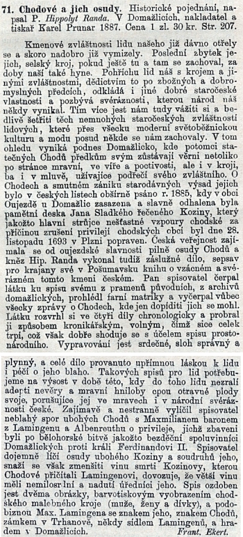 Recenze Františka Ekerta na Randovu knihu "Chodové a jejich osudy" v Časopise katolického duchovenstva z roku 1888