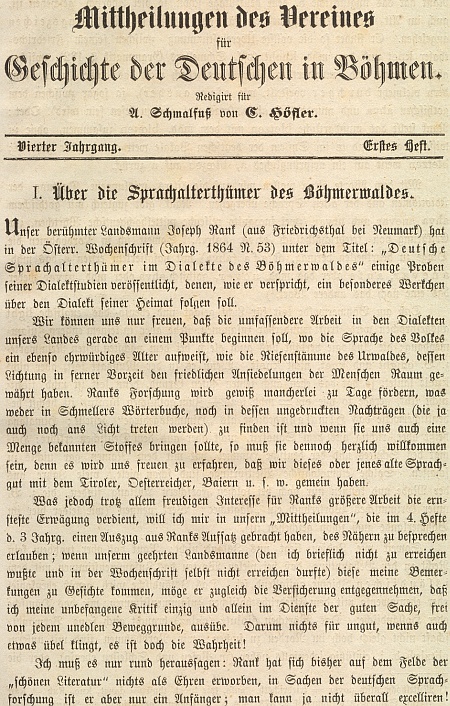 Titul a úvod polemického článku význačného znalce severočeských německých nářečí Ignaze Peterse (Petterse), který se tu v textu psaném v Litoměřicích 24. dubna roku 1865 nechvalně vyjadřuje o Rankových jazykovědných "šumavských" exkurzech