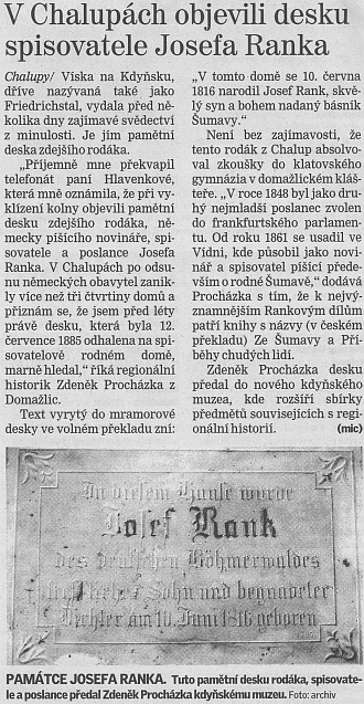 Pamětní deska, odhalená na jeho rodném domě dne 12. července roku 1885