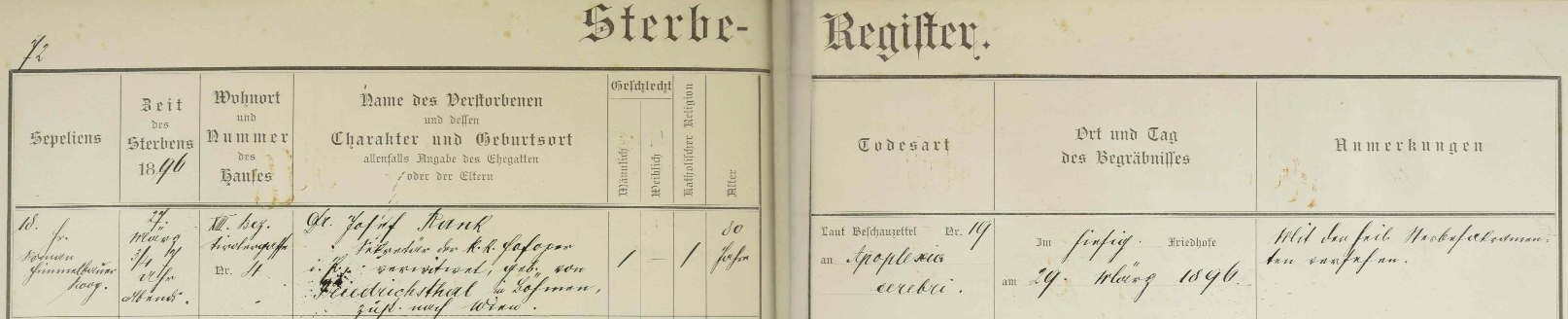 Záznam o jeho skonu v úmrtní matrice vídeňské farnosti Maria Hietzing