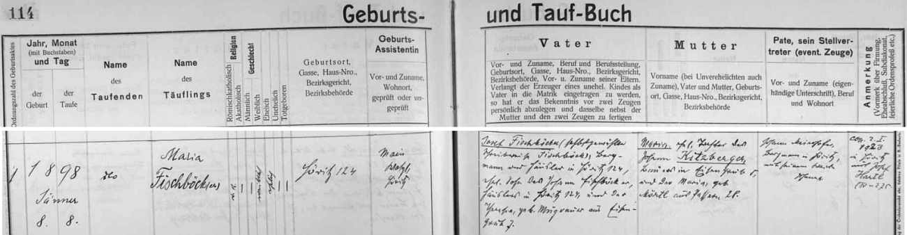 Záznam křestní matriky farní obce Hořice na Šumavě o narození její maminky Marie 8. ledna 1898 v Hořicích