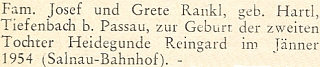 Blahopřání rodině Ranklově k narození druhé dcery Heidegunde Reingard v lednu roku 1954 na stránkách krajanského měsíčníku