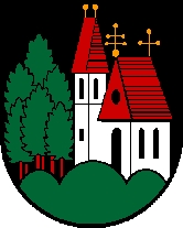 Znak rodné obce Neukirchen am Walde a tamní farní kostel sv. Jana Křtitele
