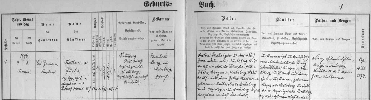 Záznam vimperské matriky o jejím narození v rodině obecního úředníka Antona Fuchse (ten se narodil 24. května roku 1866 jako syn zdejšího měšťana Antona Fuchse a jeho ženy Kathariny, roz. Matheislové, rovněž z Vimperka) a jeho manželky Kathariny, narozené 25. dubna roku 1875, dcery Franze Schneedörfera, měšťana ve Vimperku, a jeho ženy Kathariny, roz. Herzigové z Vimperka-předměstí - přípis zpravuje i o svatbě s Rudolfem Rauschem v Novém Světě (Neugebäu) dne 6. května roku 1926