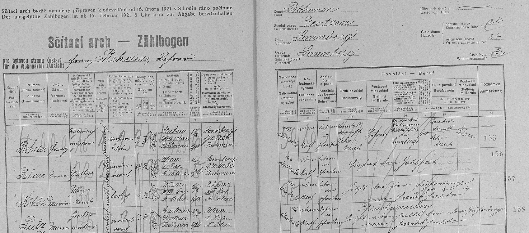 Arch sčítání lidu z roku 1921 pro dům čp. 24 v Žumberku s rodinou pana učitele Franze Rehdera