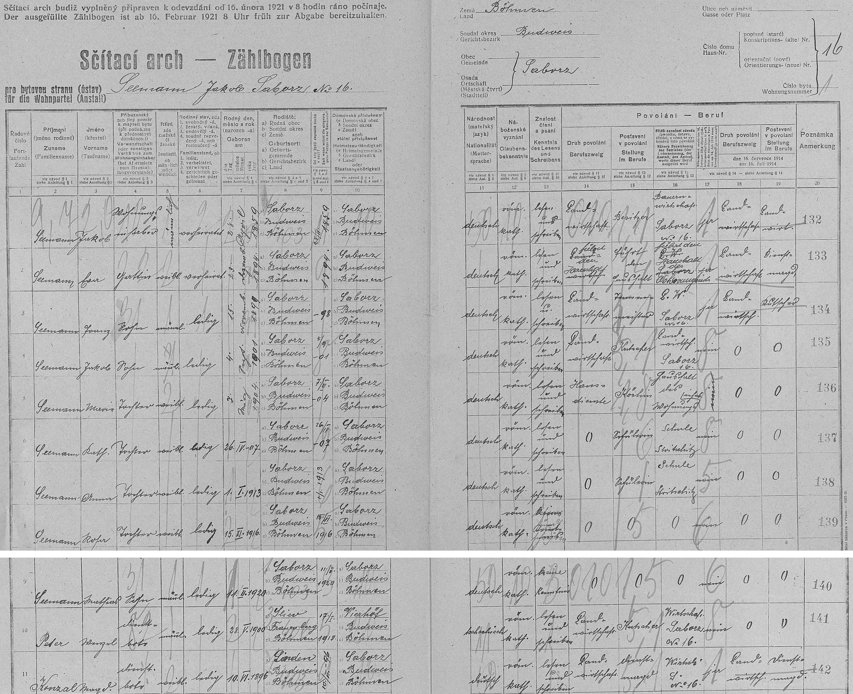 Arch sčítání lidu z roku 1921 pro dům čp. 16 v Záboří s rodinou matčinou (u ní je ovšem uveden rok narození 1904)