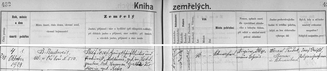 Českobudějovická "Kniha zemřelých" uvádí jako jeho povolání "Hauptschriftleiter und Prokurist ’Moldavia’",
tj. "hlavní redaktor a prokurista (nakladatelství) ’Moldavia’"