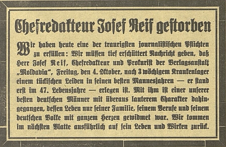 Zpráva o jeho úmrtí na stránkách listu, v jehož tiráži byl až do posledního data uveden jako vydavatel