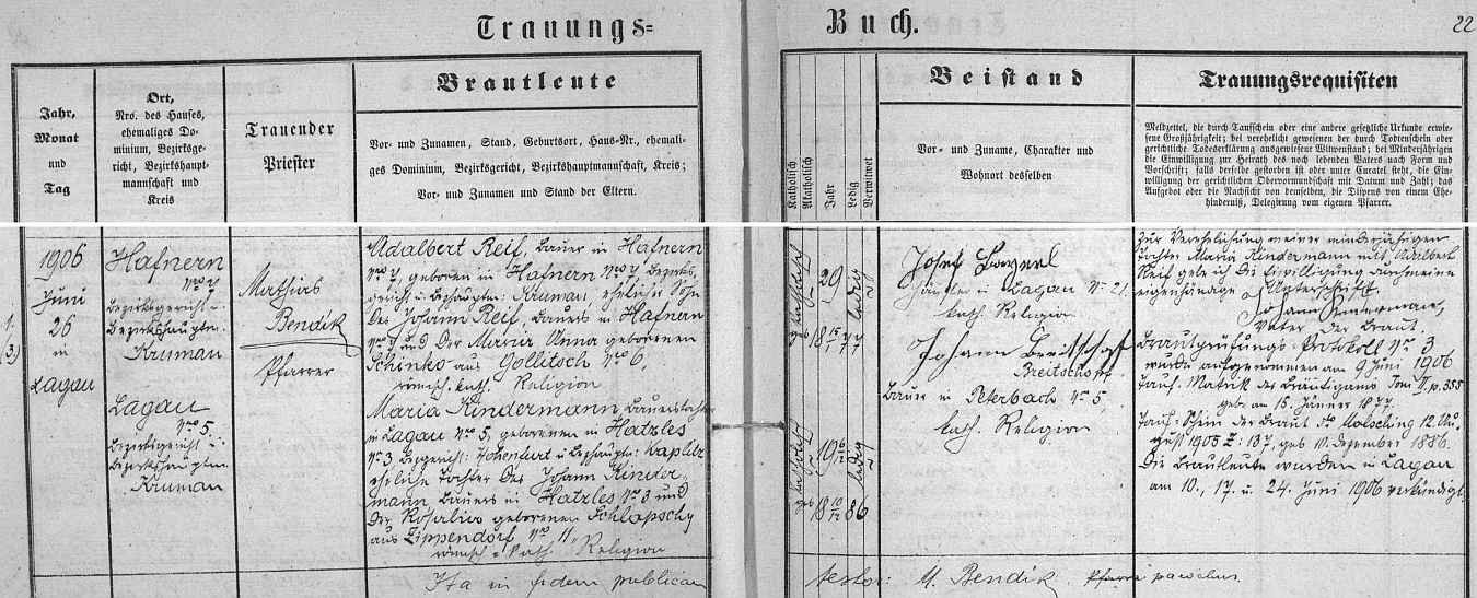 Záznam oddací matriky farní obce Slavkov o svatbě rodičů (oddával je farář Mathias Bendík)