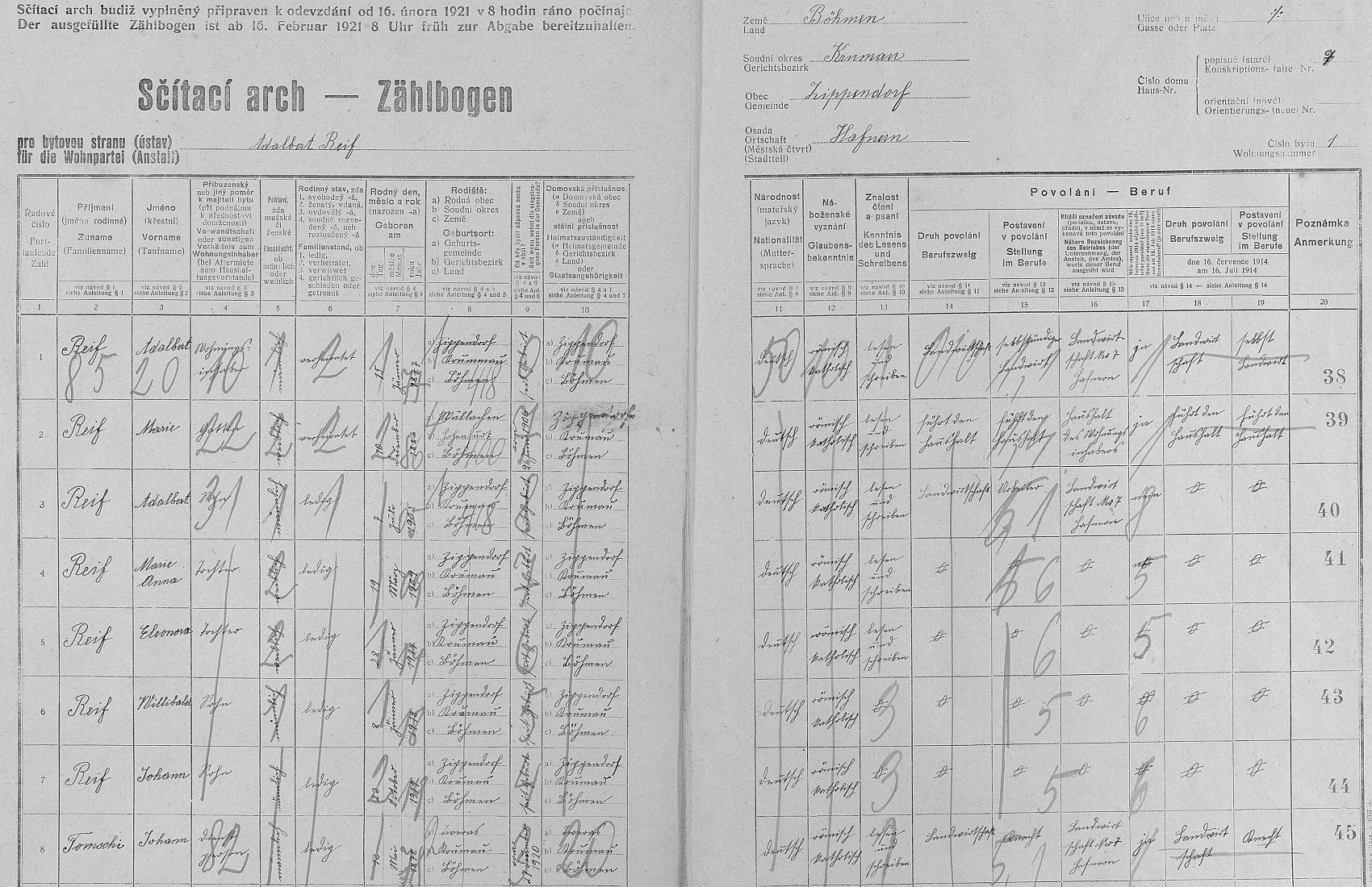 Arch sčítání lidu z roku 1921 pro stavení čp. 7 v Klení s rodinou Reifovou