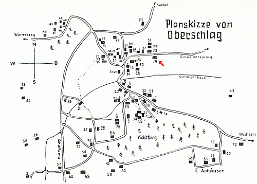 Plánek obce Milešice, kde Josef Reif v čp. 19 kdysi bydlil