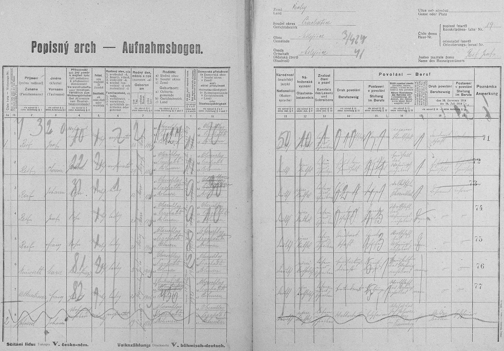 Arch sčítání lidu z roku 1921 pro dům čp. 19 v Milešicích s rodinou Reifovou i s ním