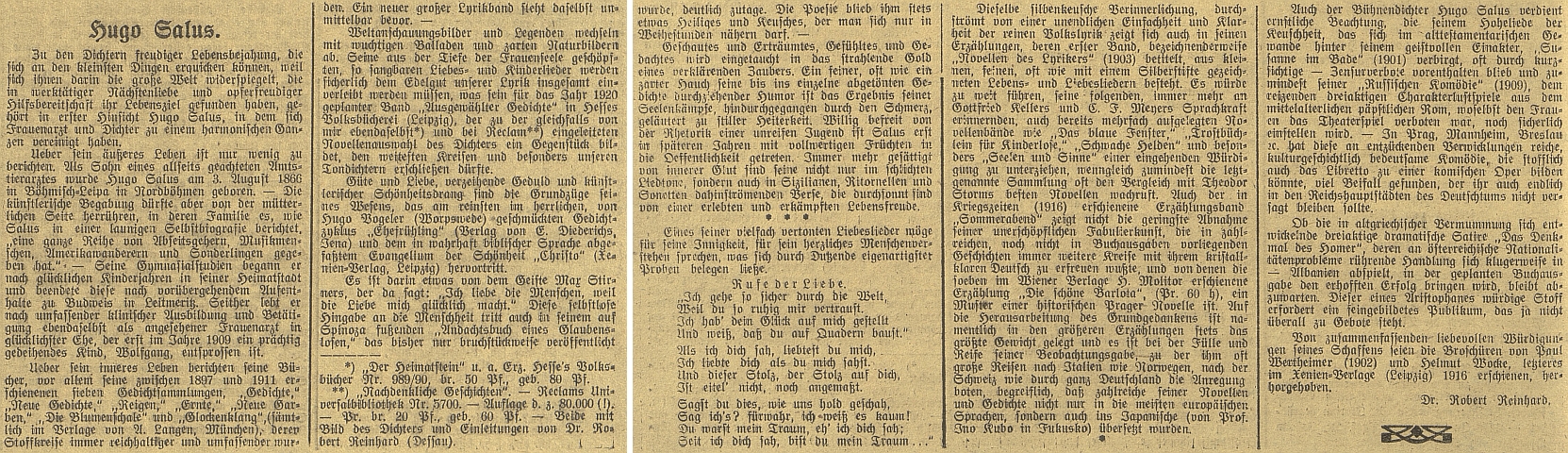 Jeho článek o Hugonu Salusovi na stránkách německého budějovického listu v roce 1920