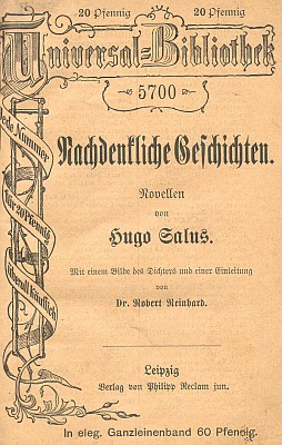 Obálky dvou vydání jednoho ze svazků slavné "Reclamky"
s jeho předmluvou k novelám Hugo Saluse