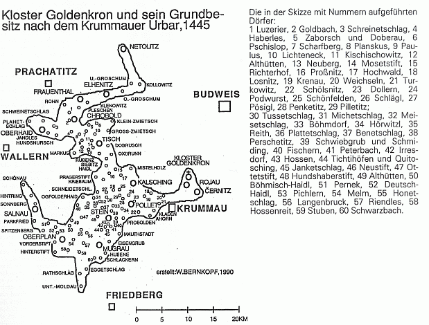 Mapka klášterních majetků zlatokorunských podle krumlovského urbáře z roku 1445, jak ji v roce 1990 vypracoval Walter Bernkopf