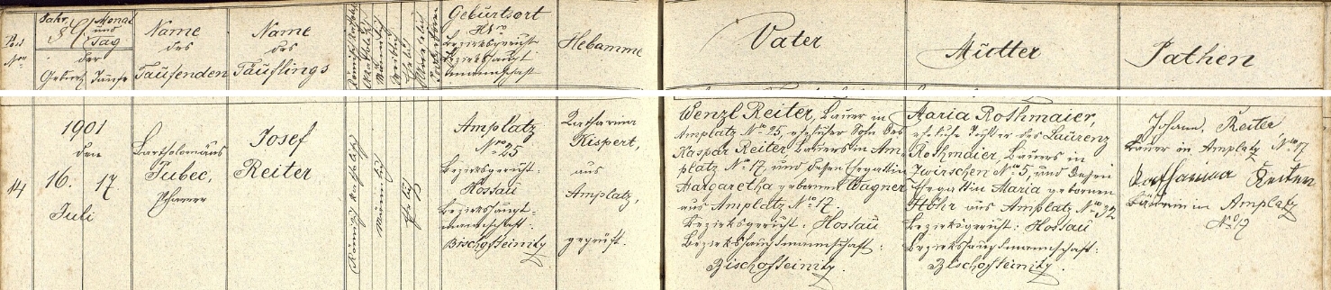 Záznam o narození Josefa Reitera staršího ve štítarské křestní matrice
