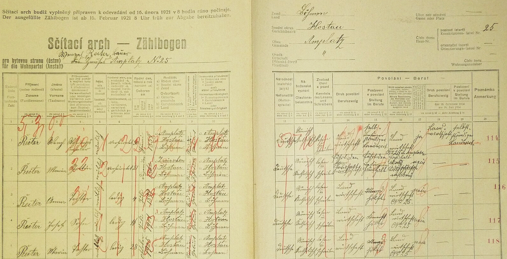 Arch sčítání lidu z roku 1921 pro stavení čp. 25 v Oplotci