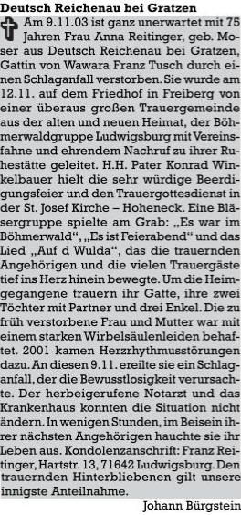 Nekrolog jeho ženy Anny, roz. Moserové z Rychnova u Nových Hradů, který do krajanského časopisu napsal Johann Bürgstein