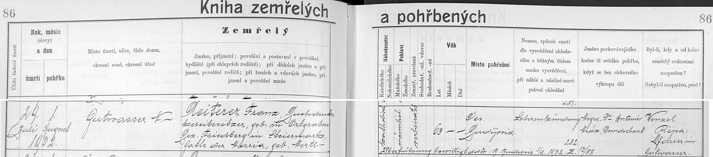 Záznam o jeho úmrtí v českobudějovické knize zemřelých