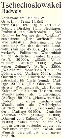 Takto byla prezentována v meziválečném "Lexikonu německých nakladatelství" českobudějovická Reittererova firma "Moldavia"