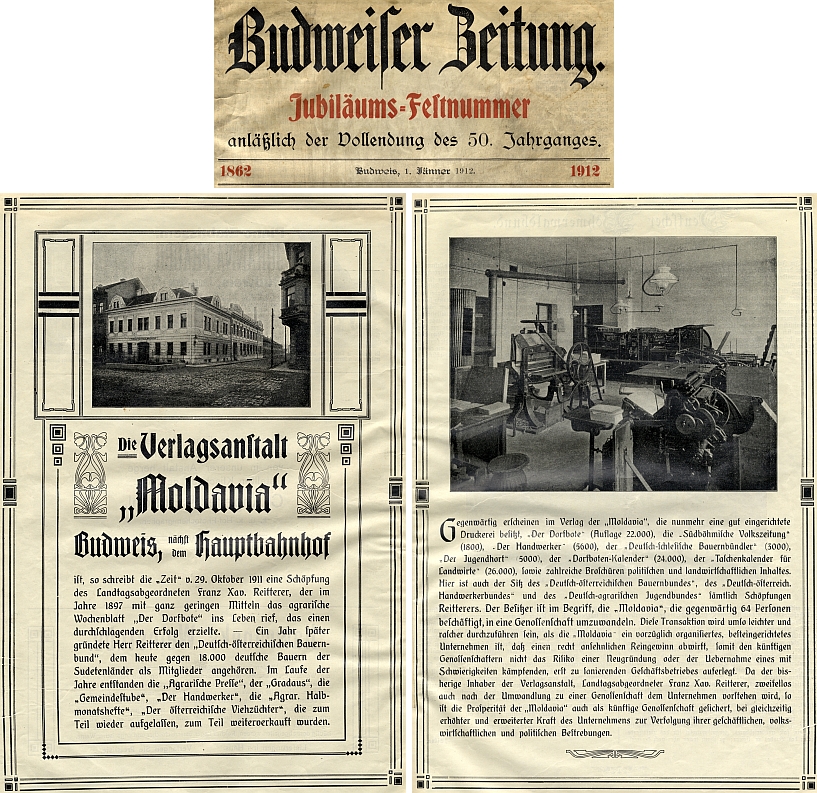 V jubilejním čísle Budweiser Zeitung se v roce 1912 objevily i tyto snímky později spojeneckým bombardováním na konci druhé světové války porušené budovy nakladatelství "Moldavia" s připojeným výčtem dalších Reittererových aktivit