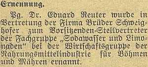 Zpráva o jmenování "Parteigenosse" Reutera zastupujícím předsedou oborové skupiny "Sodawasser und Limonade" při hospodářském odboru Potravinářského průmyslu pro Čechy a Moravu