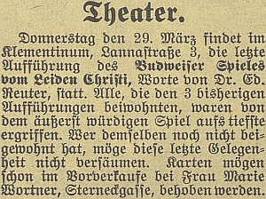 Zpráva o uvedení jeho Budějovické hry o utrpení Kristově ve zdejším Klementinu na Lannově třídě