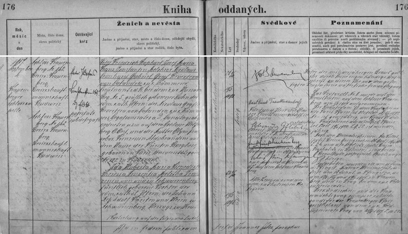 Záznam v matrice farní obce Hluboká nad Vltavou o jeho svatbě dne 4. září roku 1917 ve zdejší zámecké kapli s Idou Hubertou Marií Benediktou Theresií Vinzentií Melithou "Prinzessin von und zu Schwarzenberg", dcerou Johanna Nepomuka Adolfa knížete ze Schwarzenbergu a vévody krumlovského - ženich sám je tu uveden plným jménem a titulem jako Peter Friedrich Raphael Josef Maria Franz Constantin Melchior Nicolaus Leonhard Gabriel hrabě Revertera von Salandra, c.k. komoří, poručík v záloze při c.k. husarském regimentu č. 5, hraběcí syn římskokatolických rodičů, jimiž jsou tu uvedeni otec ženichův Nicolaus hrabě Revertera von Salandra, c.k. komoří, legační rada v.v., poslanec zemského sněmu atd. na hornorakouském zámku Helfenberg a jeho žena, matka ženichova Olympia, roz. "Prinzessin Aldobrandini" z domu knížat Borghese, která spatřila světlo světa v Paříži, Univerzitní ulice čp. 102 "in Frankreich"