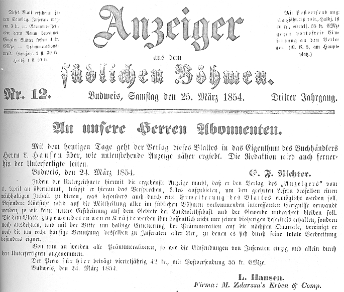 Tady oznamuje na první straně dvanáctého čísla třetího ročníku budějovického listu, který redigoval, že jeho nakladatelem se stává knihkupec Ludolf Emil Hansen