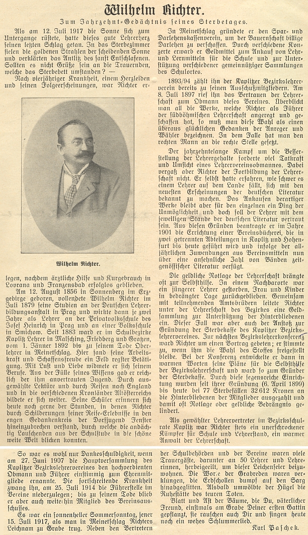 K 10. výročí jeho úmrtí napsal Karl Paschek do českobudějovického německého časopisu tento Richterův životopis