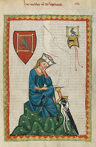 Walther von der Vogelweide na miniatuře z Codexu Manesse (kolem roku 1300)